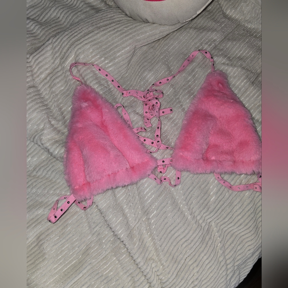 Plush Pink Fuzzy Triangle Bralette - Women Intimates & Sleepwear